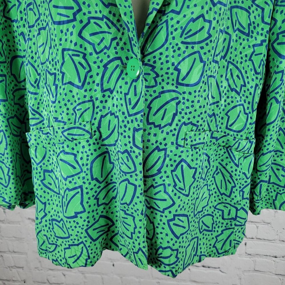 VTG Liz Claiborne Green 100% Silk Leaf Print Unlined Lightweight Jacket Size MP - Picture 8 of 13